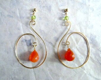 Carnelian Peridot Earrings- Swirl Design, Hammered Wire, Gold Filled