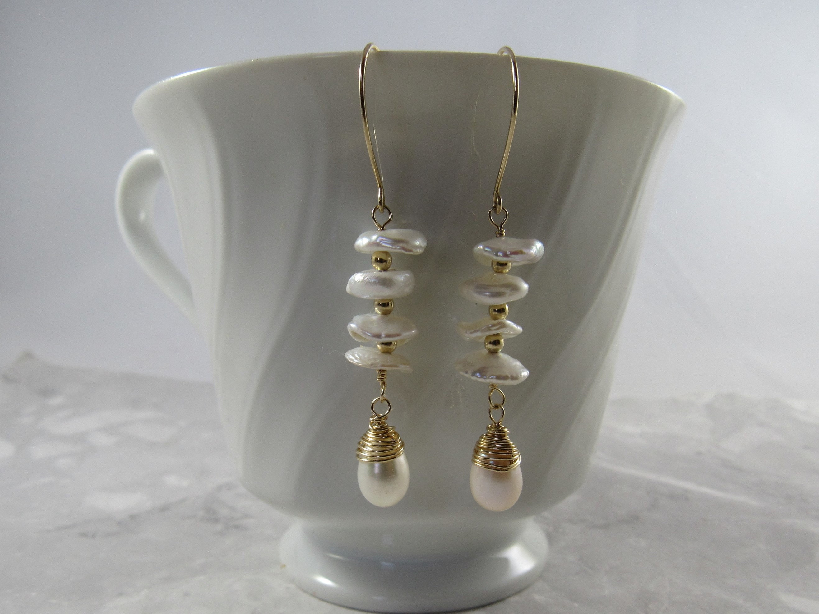 Stacked Pearl Earrings Keshi Pearls Freshwater Pearls Wire
