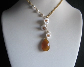 Keshi Bloom Design- Pearl Drop Necklace, Chalcedony, Hessonite Garnet, Gold Filled