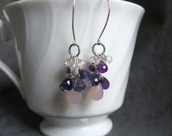 Amethyst Cluster Earrings- Iolite, Chalcedony, Aquamarine, Silver