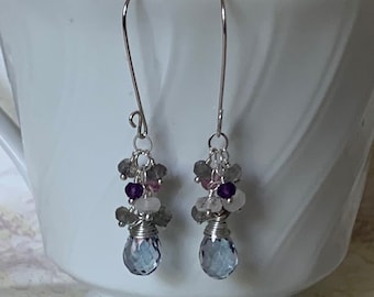 Tanzanite Mystic Quartz Cluster Earrings: Sterling Silver Wire Wrapped Gemstones
