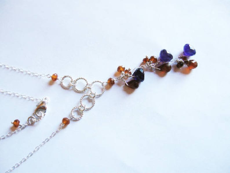 Amethyst Drop Necklace Hessonite Garnet, Gemstone Cluster, Silver image 3