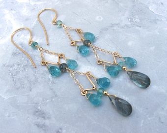Labradorite Chandelier Earrings with Apatite, Gold Filled with Gemstones