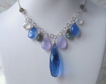 Blue Quartz Necklace with Chalcedony, Labradorite & Moonstone Wire Wrapped in Silver