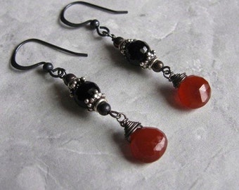 Chalcedony Onyx Earrings- Oxidized Silver, Wire Wrapped, Red Chalcedony