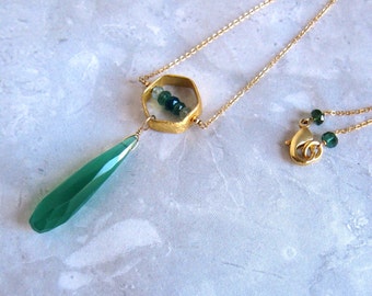 Green Chalcedony Necklace- Apatite, Aquamarine, Gold Filled