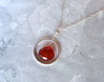 Red Chalcedony Necklace with Aquamarine in Silver