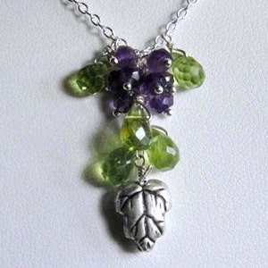 Grape Bunch Necklace- Silver, Peridot, Amethyst, Cluster Design