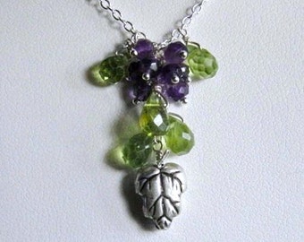 Grape Bunch Necklace- Silver, Peridot, Amethyst, Cluster Design