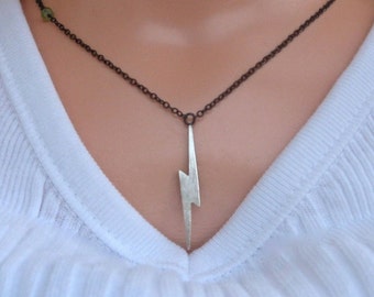 Sterling Silver Lightning Bolt Necklace: Gemstone Accent, Oxidized Chain