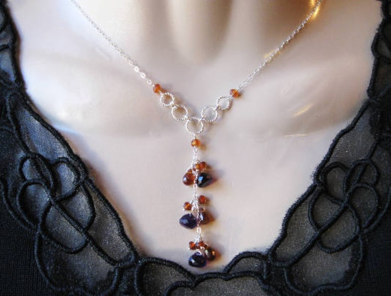 Amethyst Drop Necklace Gemstone Cluster Hessonite Garnet Silver