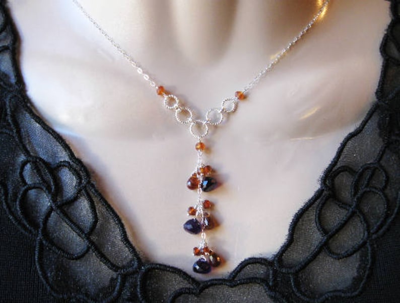 Amethyst Drop Necklace Hessonite Garnet, Gemstone Cluster, Silver image 2