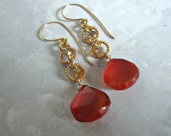 Red Chalcedony Earrings- Smoky Quartz, Hessonite Garnet, Gold Filled