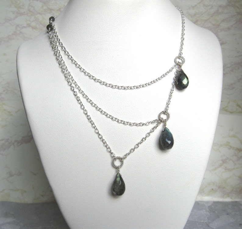 Silver Labradorite Necklace with a Trio of Gemstones