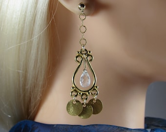 Aquamarine Coin Earrings- Gold Filled, Chandelier