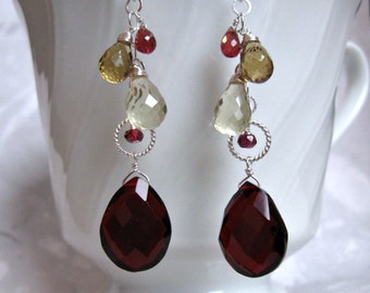 Garnet Quartz Earrings- Garnet, Quartz, Silver, Wire Wrapped