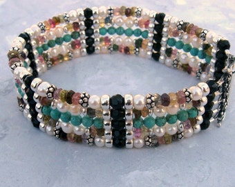 5 Strand Bracelet- Pearl, Turquoise, Tourmaline, Onyx, Silver, Gemstone Cuff