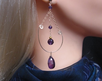 Amethyst Swing Earrings- Gold Filled, Asymmetric Design