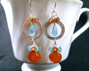 Chalcedony Cluster Earrings in Silver with Apatite & Hessonite Garnet