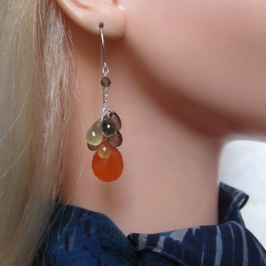 Carnelian Cluster Earrings Silver, Lemon & Smoky Quartz, Hessonite Garnet image 2