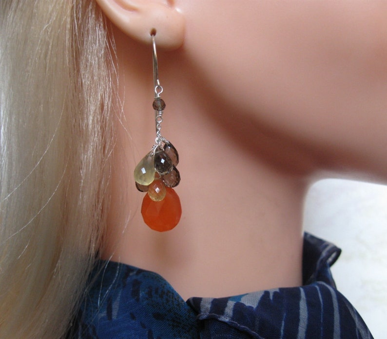 Carnelian Cluster Earrings Silver, Lemon & Smoky Quartz, Hessonite Garnet image 2