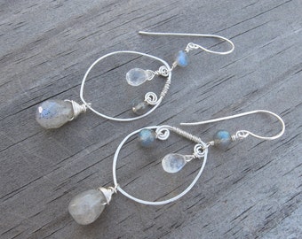 Labradorite Moonstone Earrings- Silver, Wire Wrapped Hoops, Hammered Wire with Gemstones