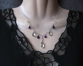 Silver Amethyst Necklace- Purple & Green Amethyst, Spiral Design, Hammered Wire