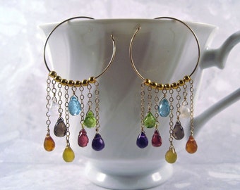 Multi Gemstone Hoops- Amethyst, Peridot, Garnet, Apatite, Smoky Quartz, Hessonite  Garnets