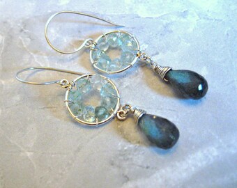 Pinwheel Design- Silver Earrings, Labradorite, Aquamarine, Wire Wrapped