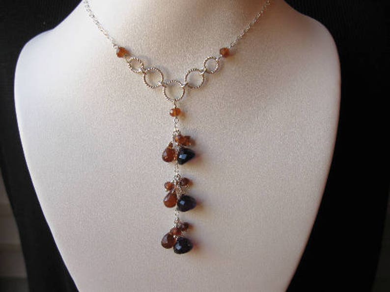 Amethyst Drop Necklace Hessonite Garnet, Gemstone Cluster, Silver image 1