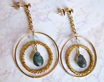 Labradorite Hoop Earrings- Aquamarine, Gold Filled