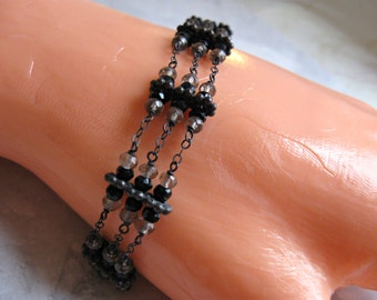 3 Strand Bracelet- Onyx, Smoky Quartz, Oxidized Silver