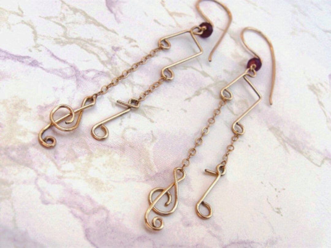 Music Note Earrings Gold Filled Hammered Wire Gemstones Etsy
