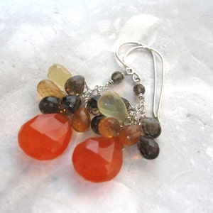 Carnelian Cluster Earrings Silver, Lemon & Smoky Quartz, Hessonite Garnet image 3