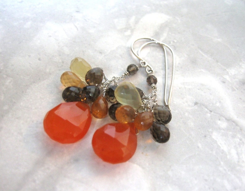 Carnelian Cluster Earrings Silver, Lemon & Smoky Quartz, Hessonite Garnet image 3