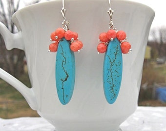 Coral Turquoise Earrings - Silver, Gemstone Cluster