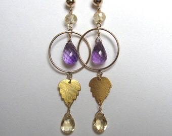 Citrine Amethyst Earrings- Gold Filled