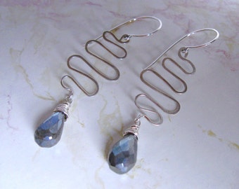 Mystic Labradorite Earrings- Snake Design, Hammered Wire, Sterling Silver