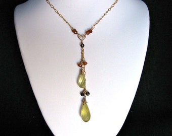 Drop Necklace- Gold Filled, Lemon Quartz, Smoky Quartz, Hessonite Garnet