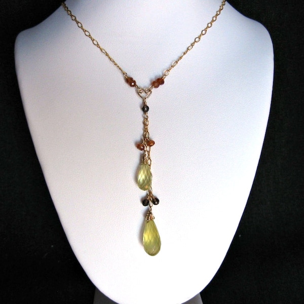 Drop Necklace- Gold Filled, Lemon Quartz, Smoky Quartz, Hessonite Garnet