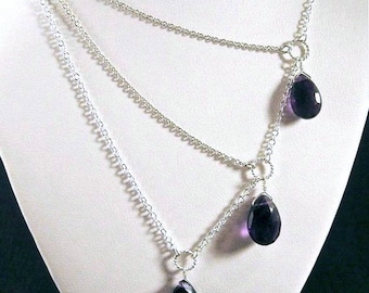 Silver Amethyst Necklace with a Trio of Gemstones