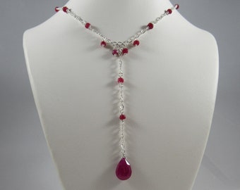 Silver Drop Necklace- Pink Sapphire, Ruby