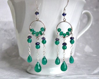 Dream Catcher Earrings- Green Onyx, Iolite, Silver