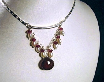 Red Chalcedony Necklace- Silver, Pearl, Garnet, Triangle Design