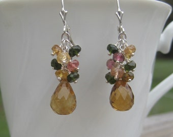 Tourmaline Cluster Earrings with Beer Quartz in Silver