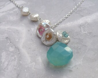 Keshi Bloom Design- Pearl Drop Necklace, Chalcedony, Pink Topaz, Apatite, Hessonite Garnet, Silver