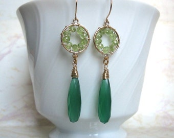 Pinwheel Design- Earrings, Peridot, Green Chalcedony, Gold Filled, Wire Wrapped