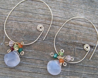 Oval Hoop Earrings- Chalcedony, Gemstone Cluster, Gold Filled or Silver