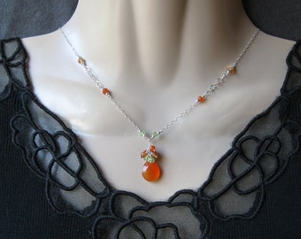 Carnelian Cluster Necklace- Peridot, Garnet, Silver