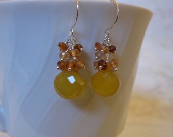 Chalcedony Garnet Earrings with Gemstone Cluster in Silver